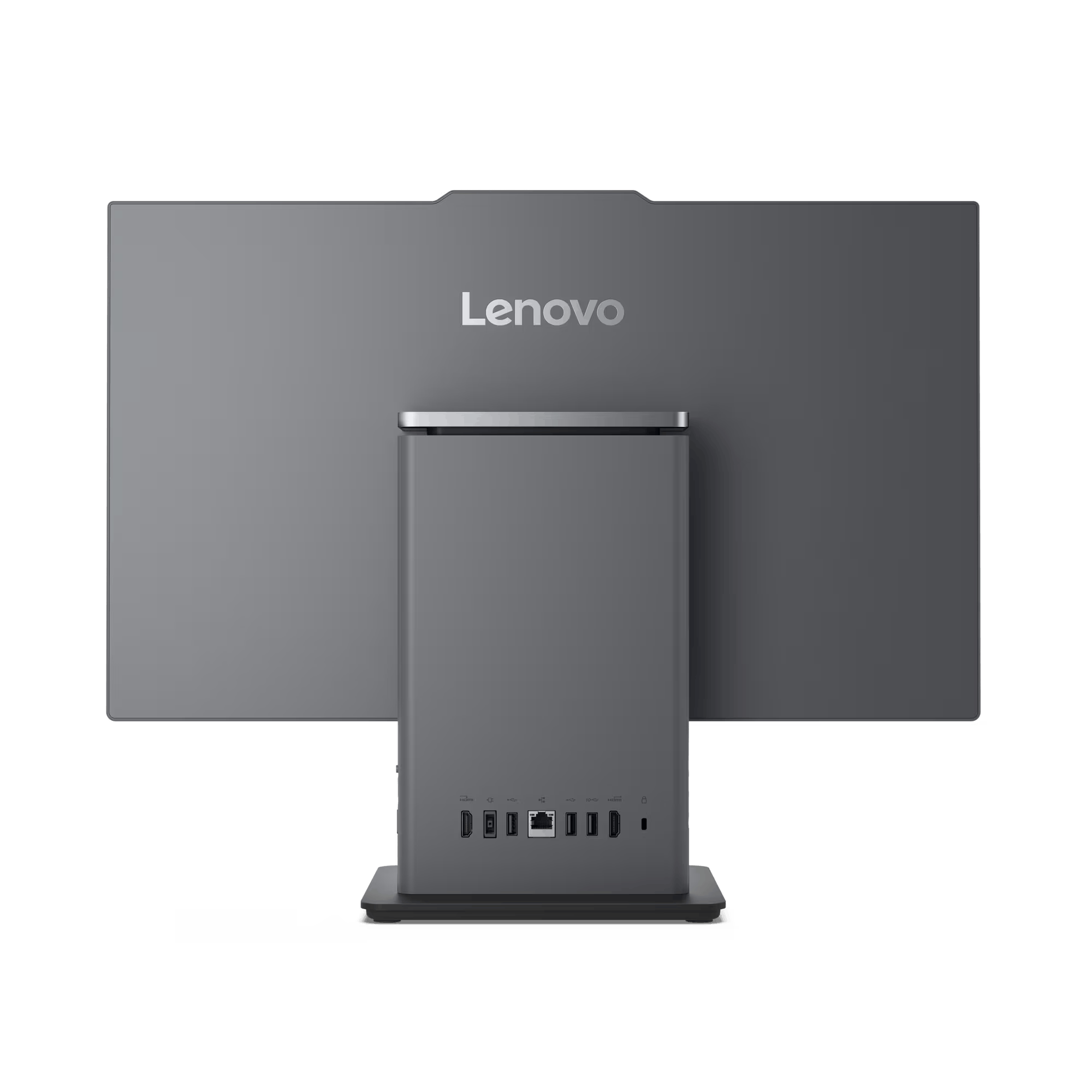 Parte trasera de una pantalla de ordenador Lenovo con puertos y soporte.