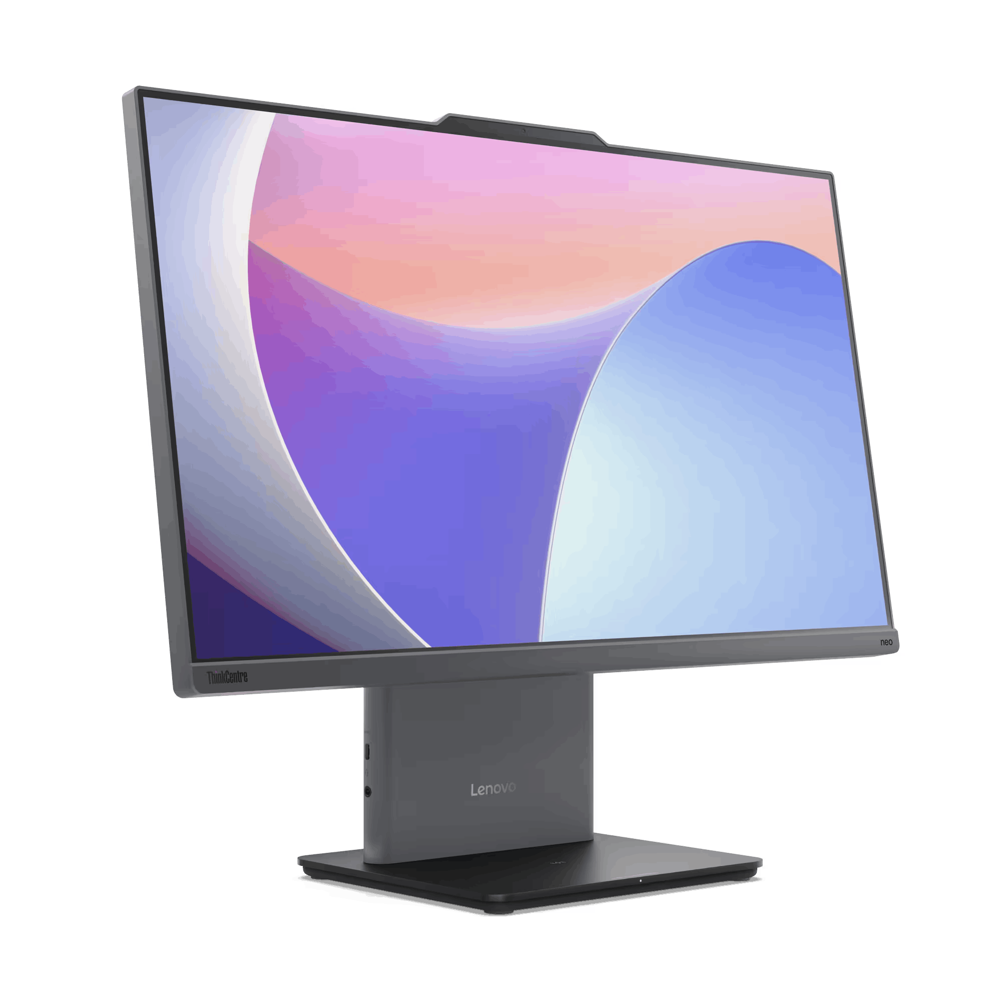 Un monitor Lenovo con cámara integrada y una imagen de fondo colorida.