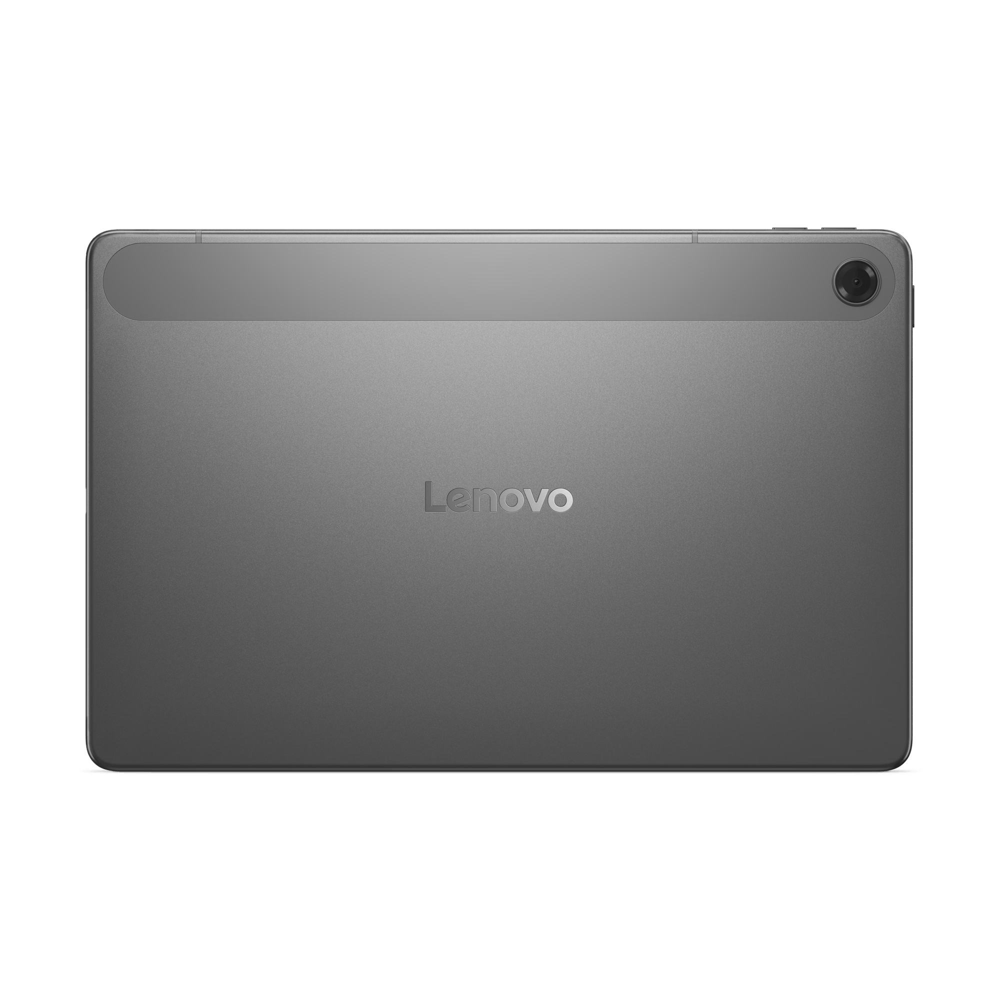 Tableta Lenovo gris. La parte trasera de la tableta es visible, con el logotipo de Lenovo y una lente de cámara.