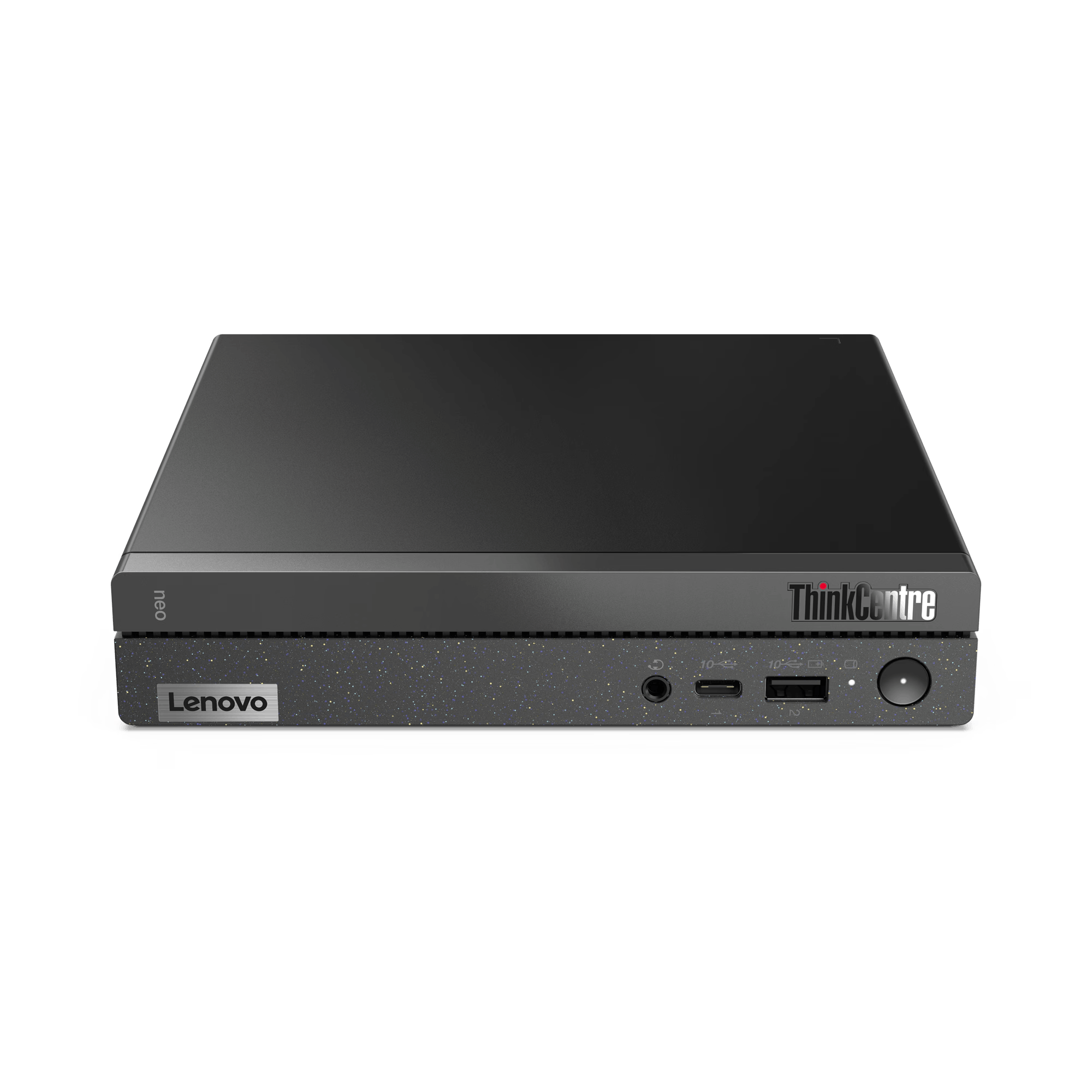 Ordenador de sobremesa Lenovo ThinkCentre Neo negro sobre fondo oscuro.