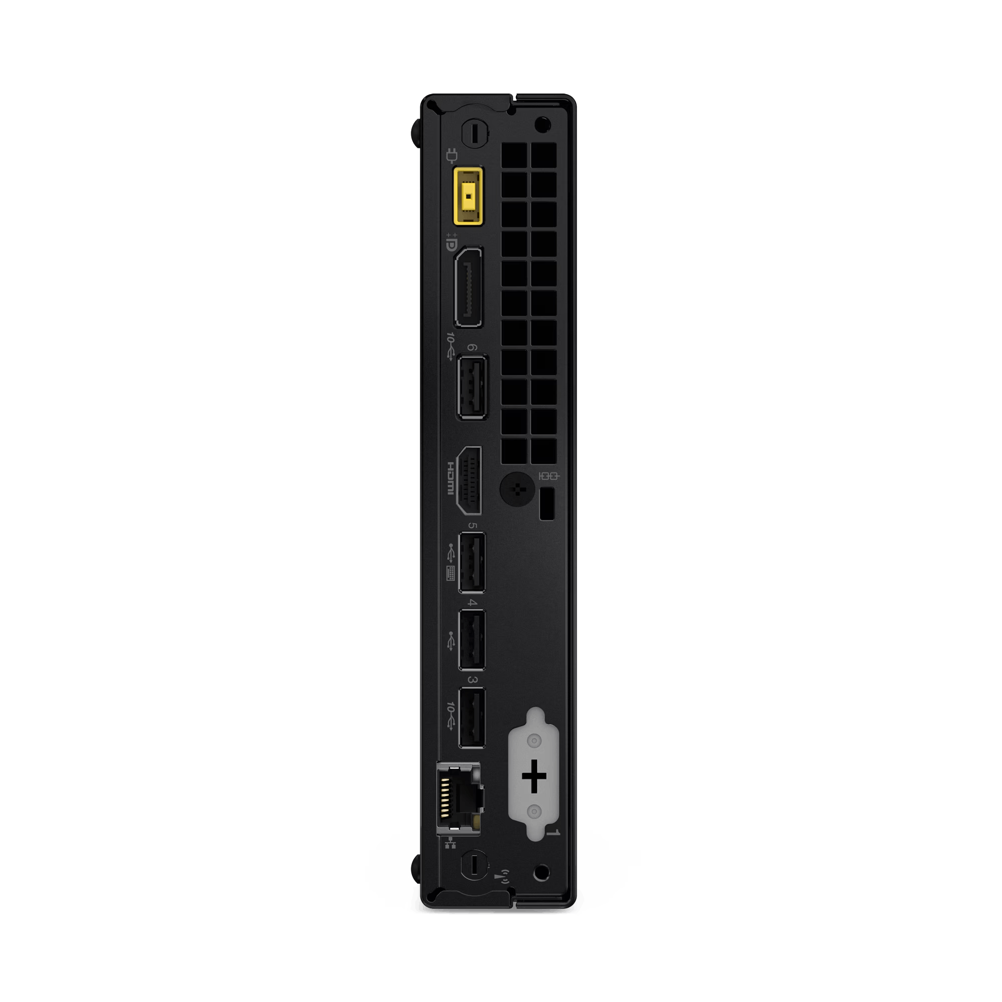 Una torre de computadora negra con varios puertos en la parte trasera, sobre un fondo negro.