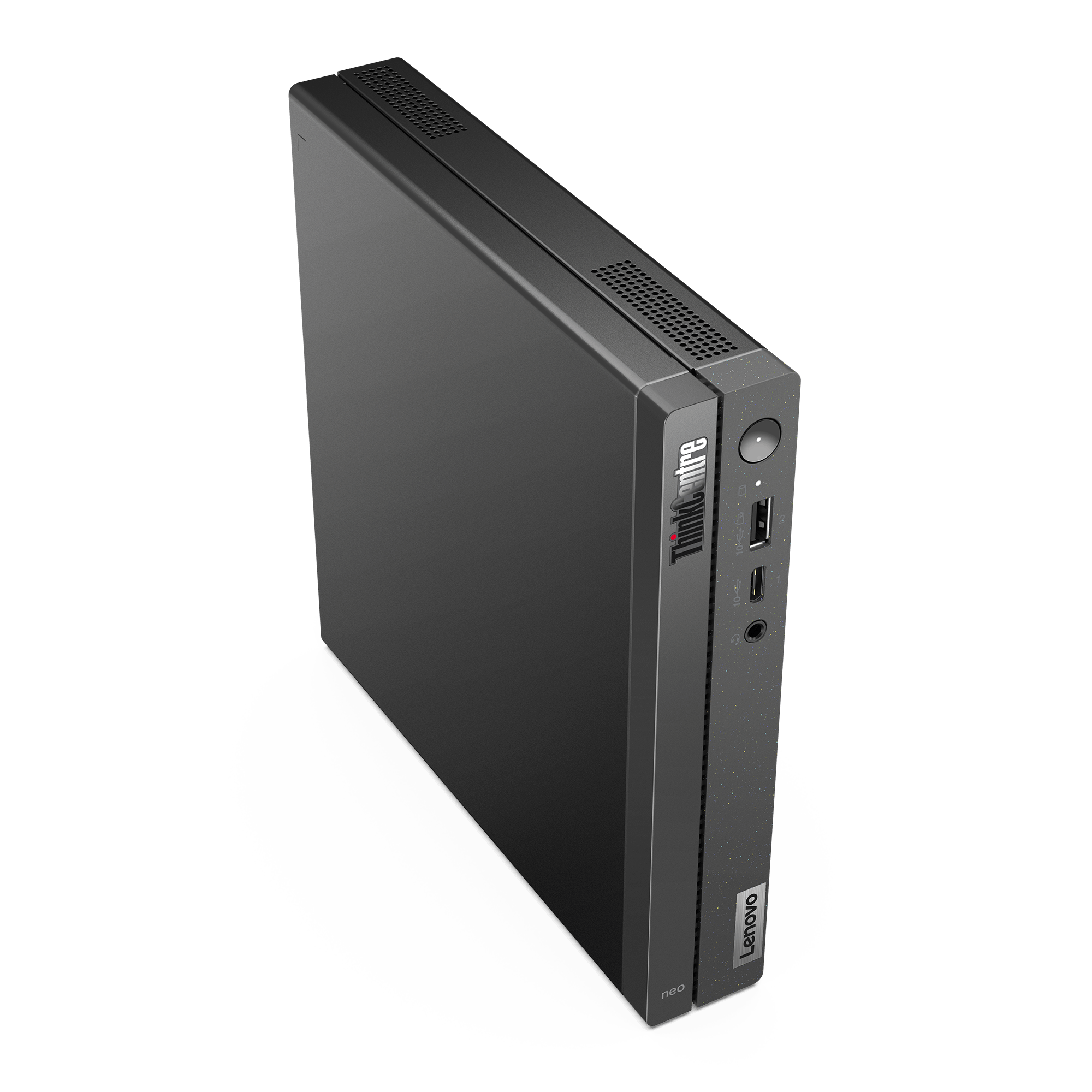 Una computadora de escritorio Lenovo ThinkCentre negra sobre una superficie negra.