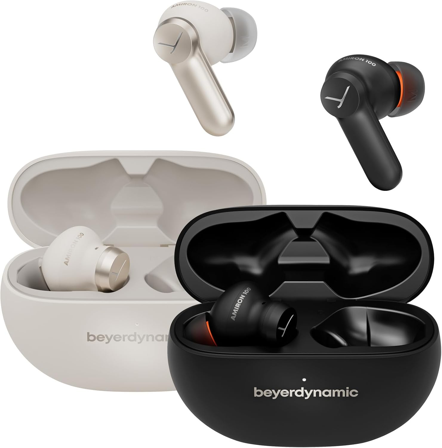 Dos pares de auriculares, uno blanco, uno negro, cada uno en su estuche de carga, también blanco y negro.
