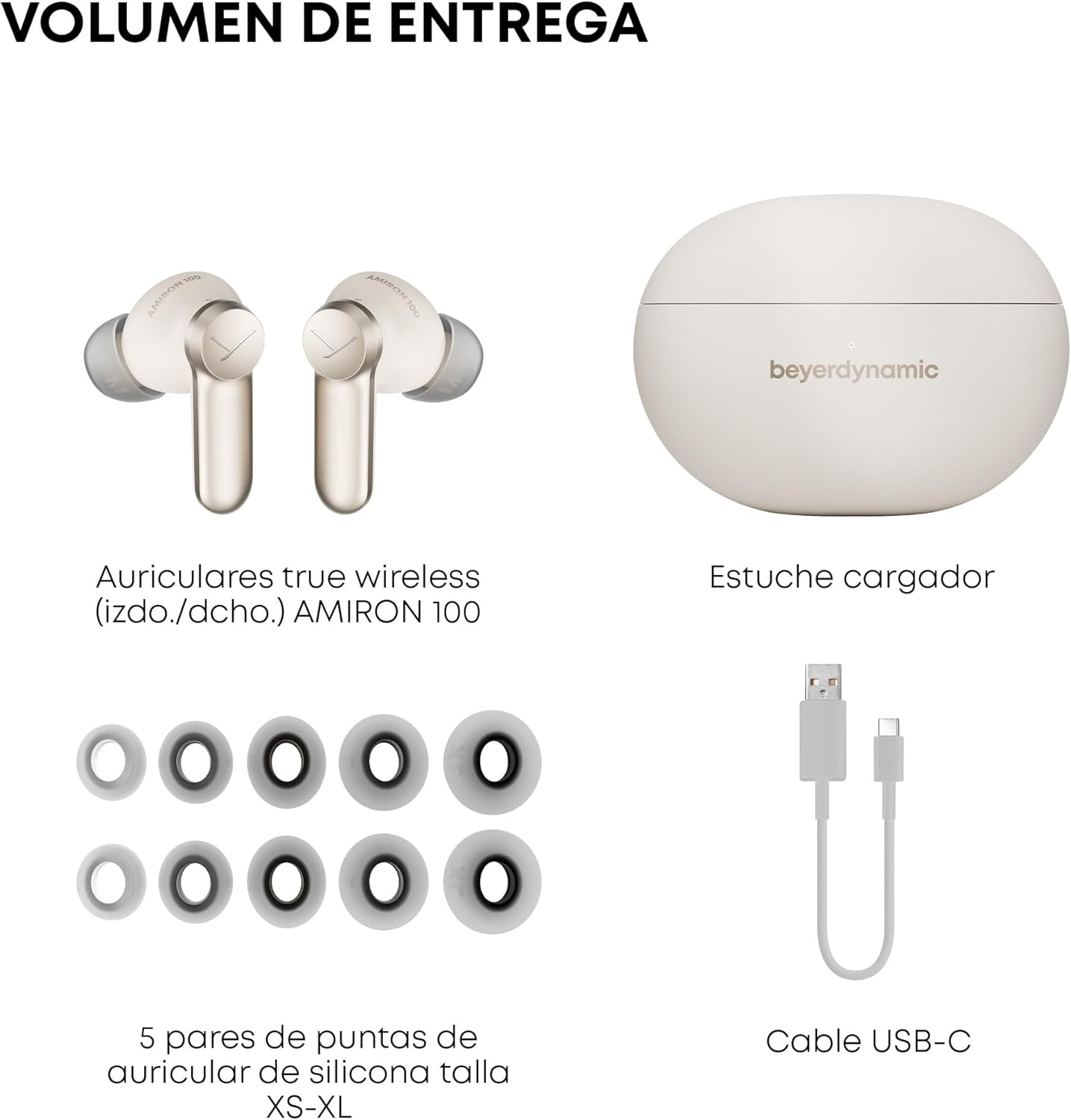Auriculares, estuche de carga y puntas de silicona. Todos los artículos son de color blanco y dorado. Cable USB-C.