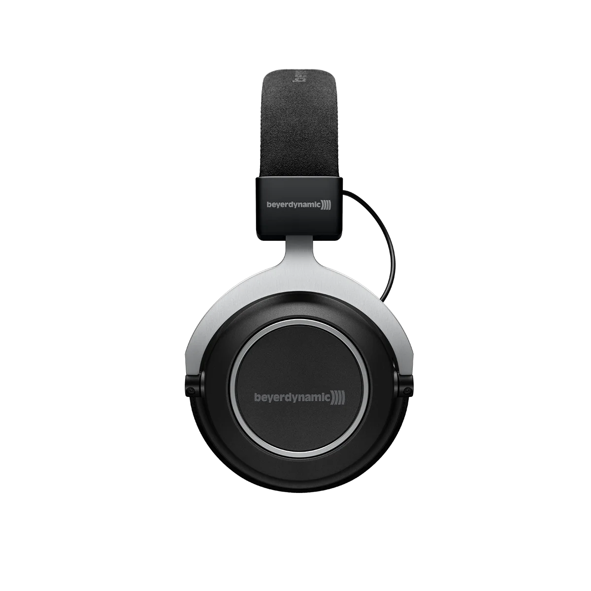 Auriculares negros y plateados con el nombre de la marca impreso en la copa, sobre un fondo negro.