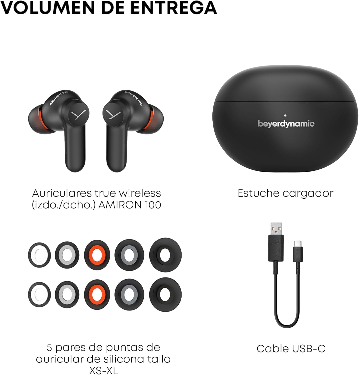 Auriculares, estuche de carga y cable USB-C. Con varios tapones.