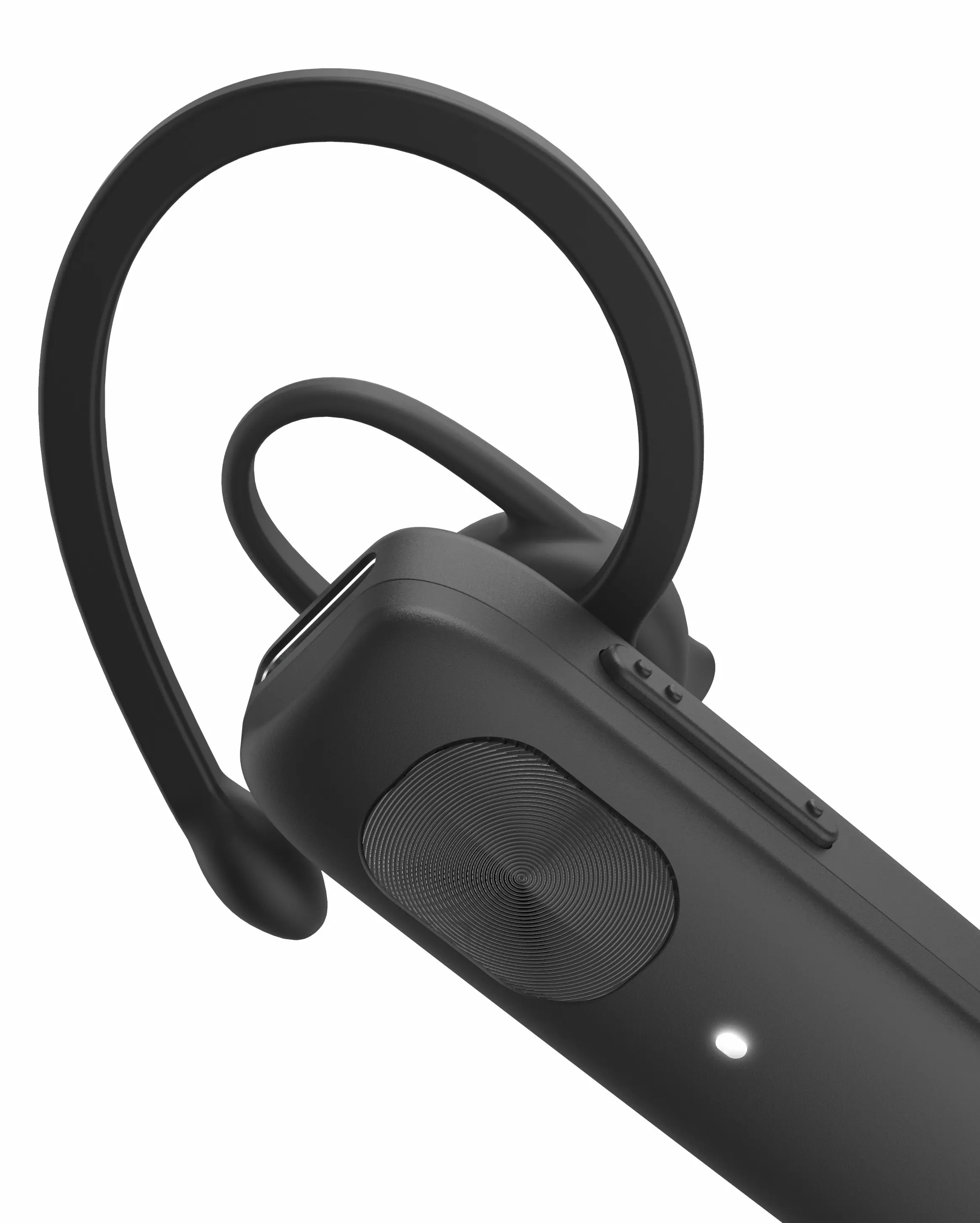 Czarne słuchawki Bluetooth w zbliżeniu, z okrągłym przyciskiem.