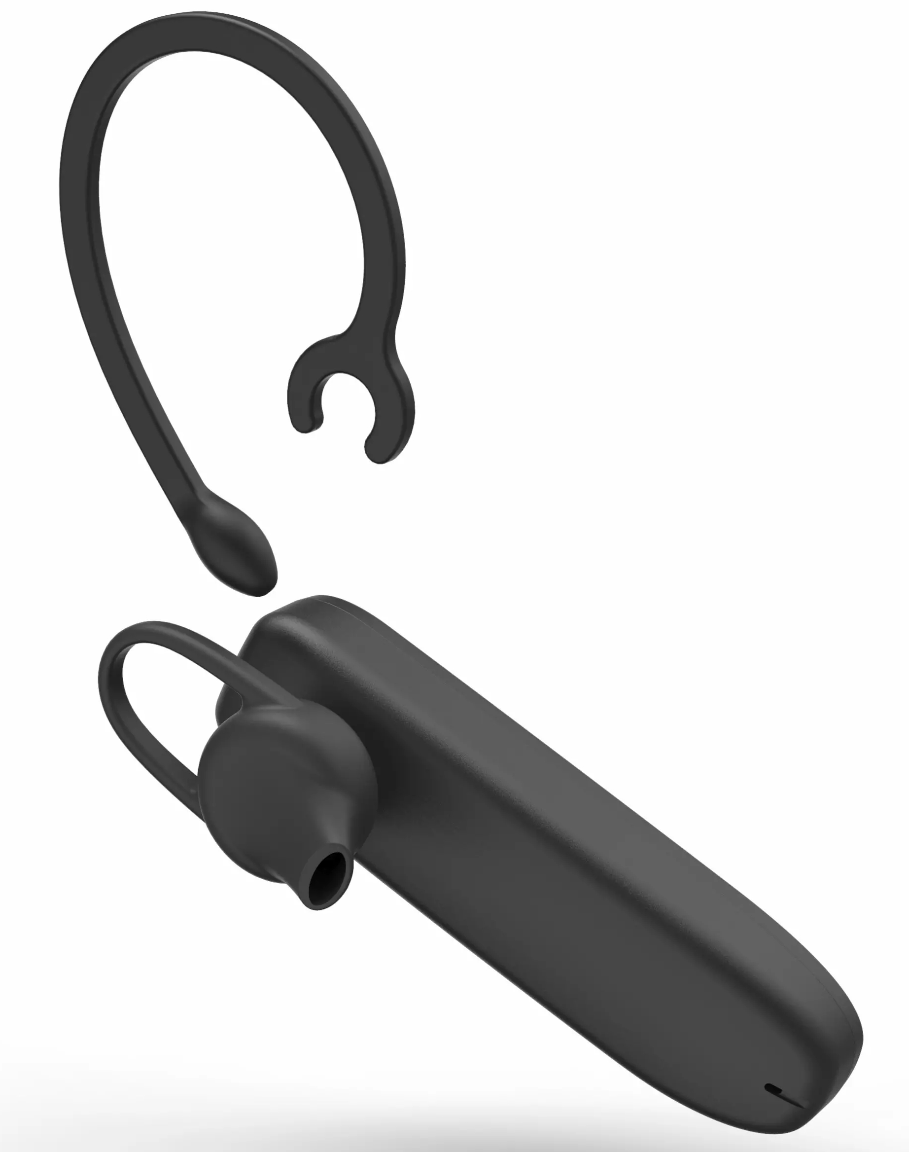 Czarny zestaw słuchawkowy Bluetooth, widok pod kątem, z haczykiem na ucho. Białe tło.