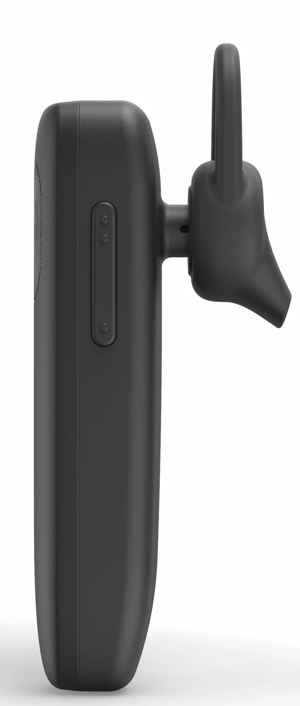 Czarny zestaw słuchawkowy, widok z profilu, z przyciskami i ramieniem mikrofonu.