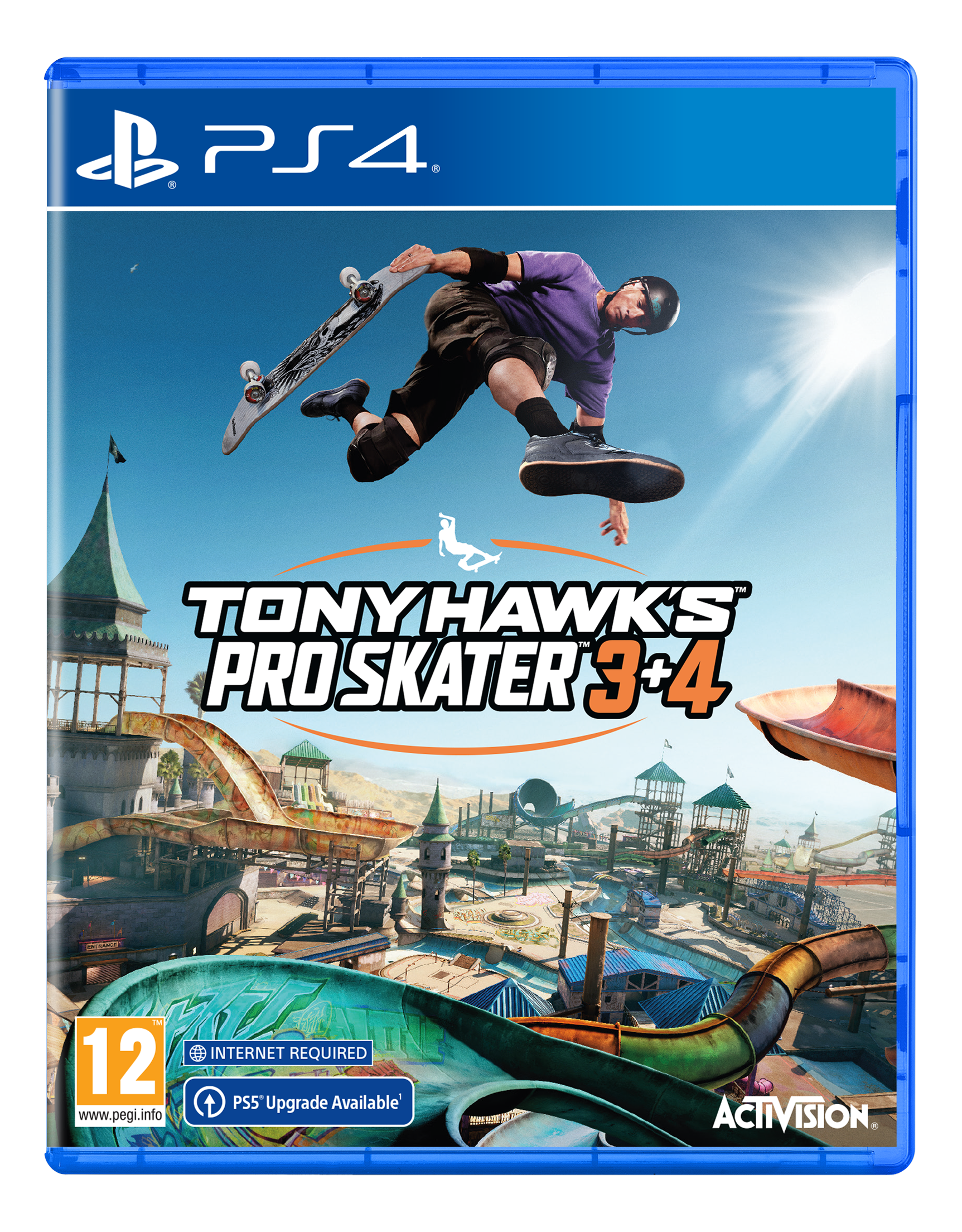 PS4-Spielcover für Tony Hawk's Pro Skater 3+4. Es zeigt einen Skater in der Luft mit einem Skateboard.