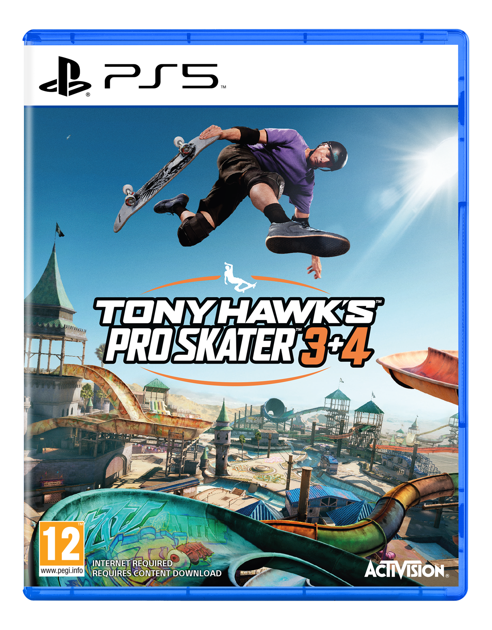 PS5-Spielcover: Tony Hawk's Pro Skater 3+4, mit einem Skater in der Luft in einem Skatepark.