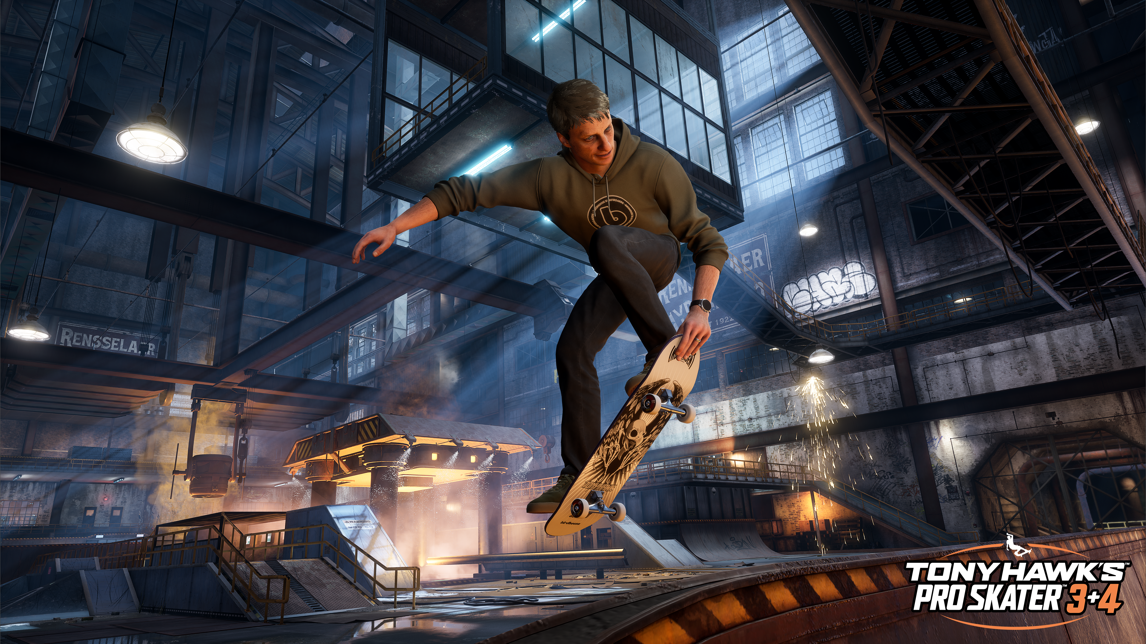 Un homme sur un skateboard dans un cadre industriel. La scène est dynamique, avec des étincelles et un logo dans le coin.