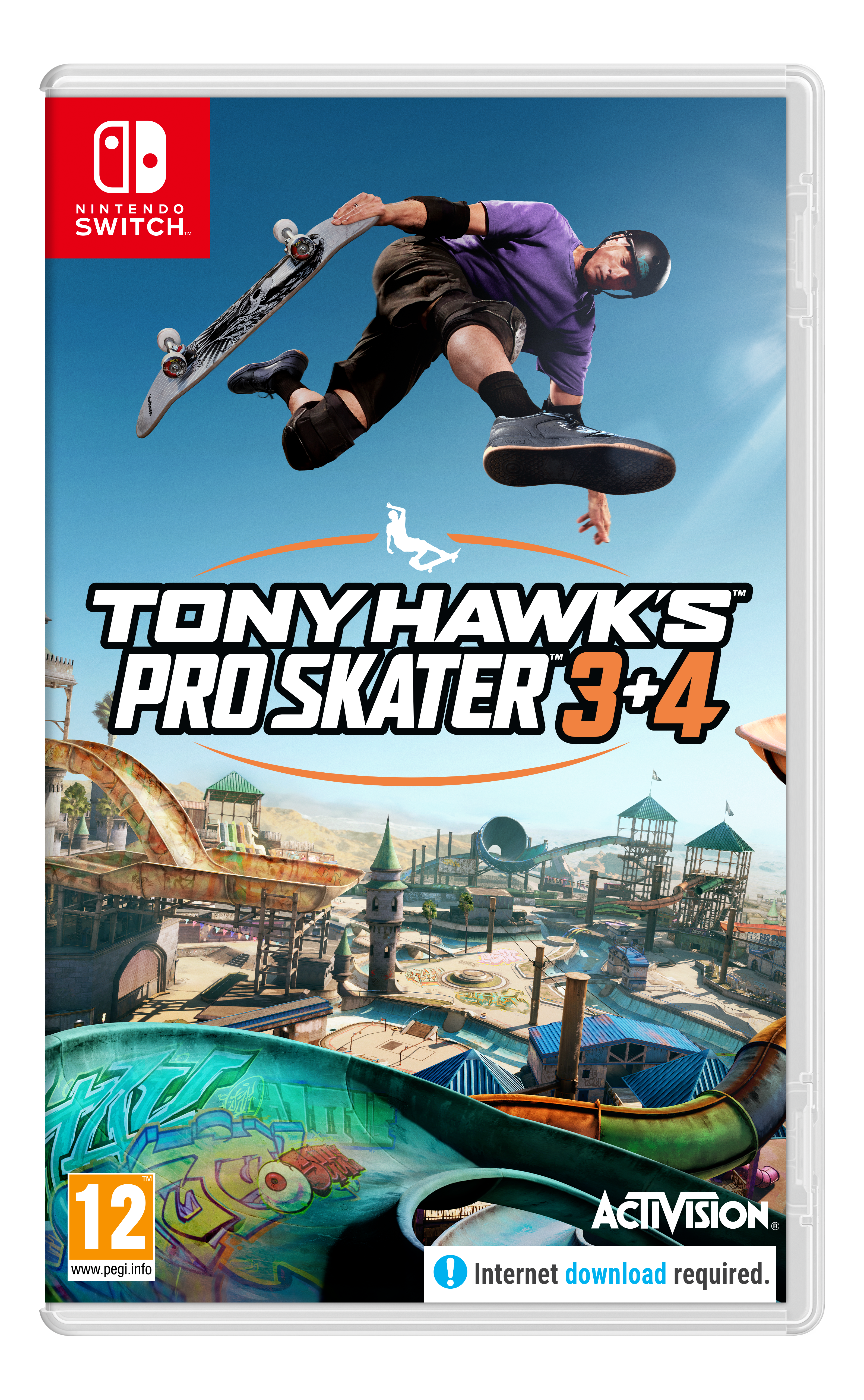 Videospiel-Cover: Tony Hawk's Pro Skater 3+4, ein Skater und eine Skatepark-Szene.