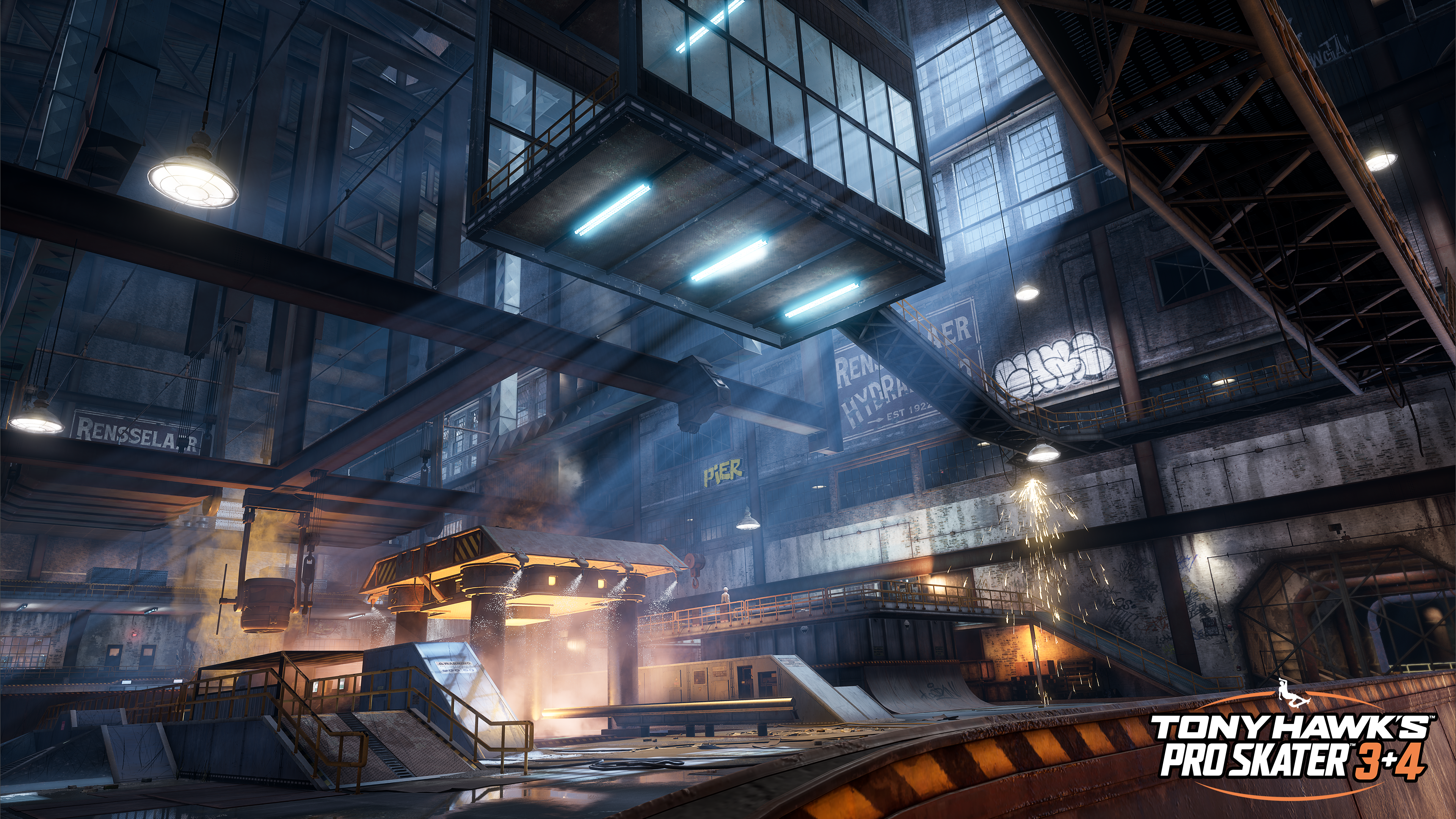 Scène industrielle avec des étincelles, des structures métalliques et une enseigne 'TONY HAWK'S PRO SKATER 3+4'.