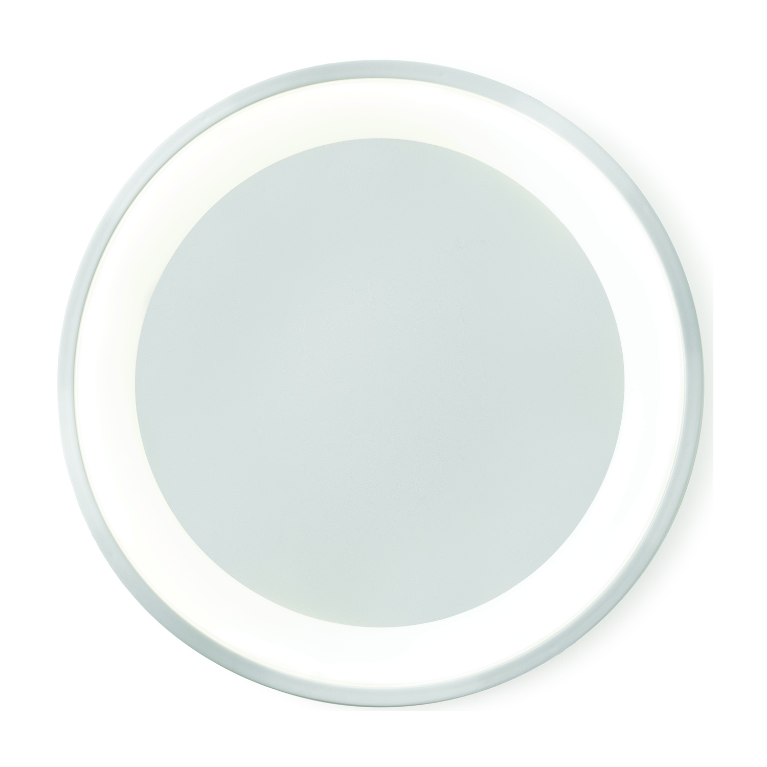 Specchio circolare con bordo bianco e anello interno illuminato, su sfondo bianco.