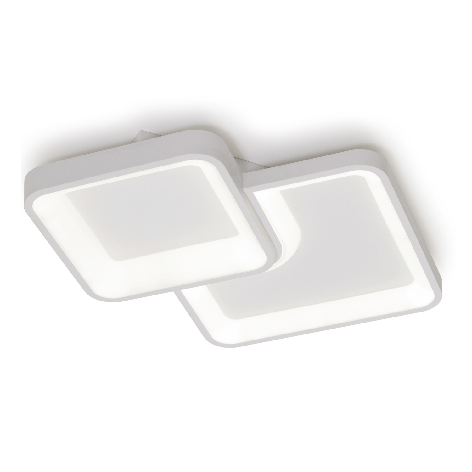 Due plafoniere quadrate bianche, sovrapposte, su sfondo bianco.