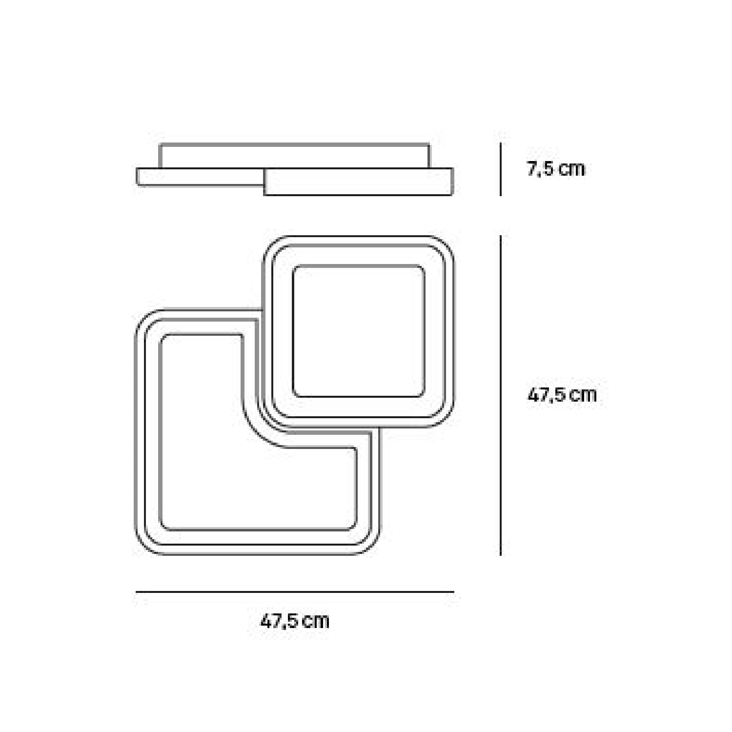 Disegno al tratto di una lampada con dimensioni. La lampada ha una sezione quadrata e a forma di L.