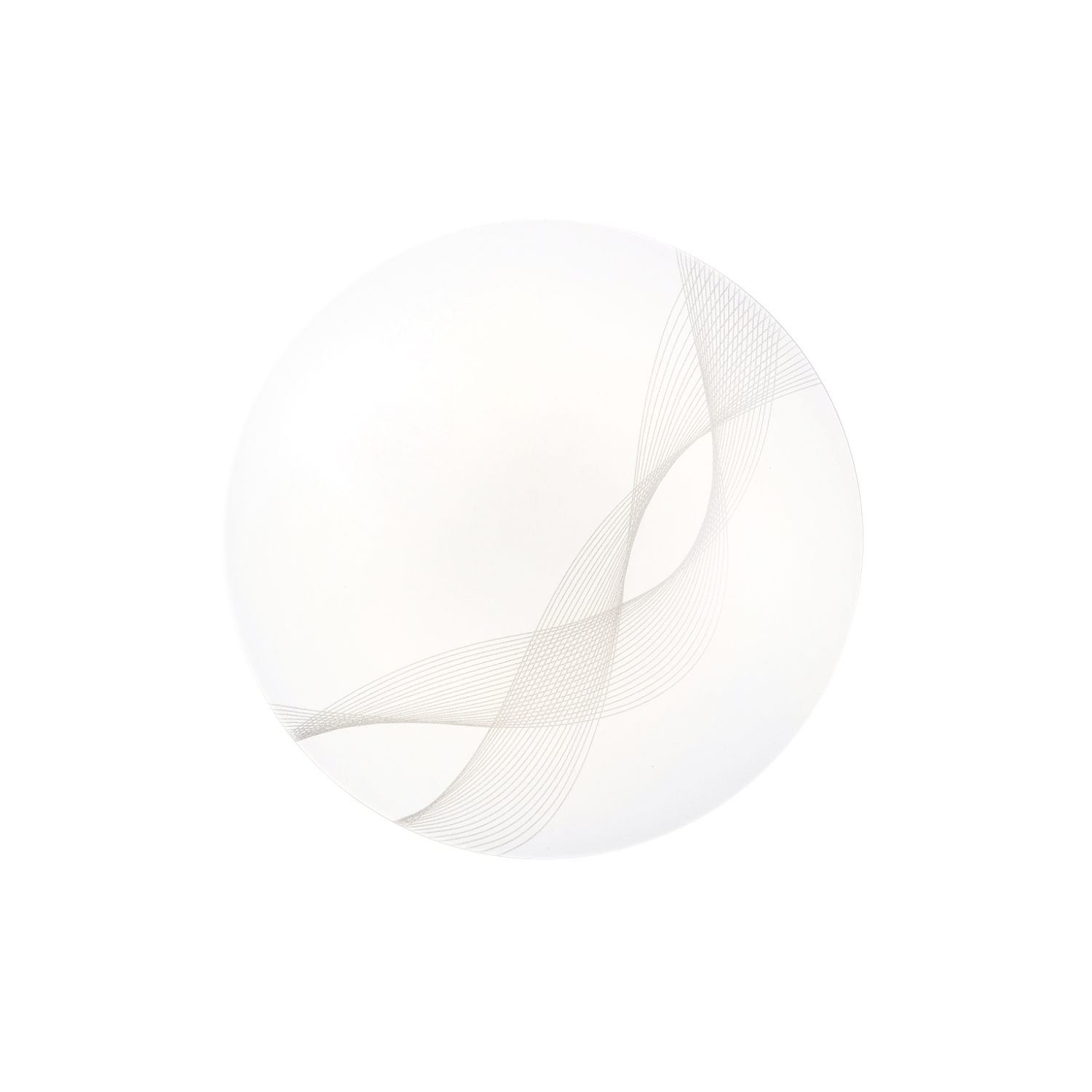 Piatto bianco con un design a linee ondulate grigio chiaro, su sfondo bianco.