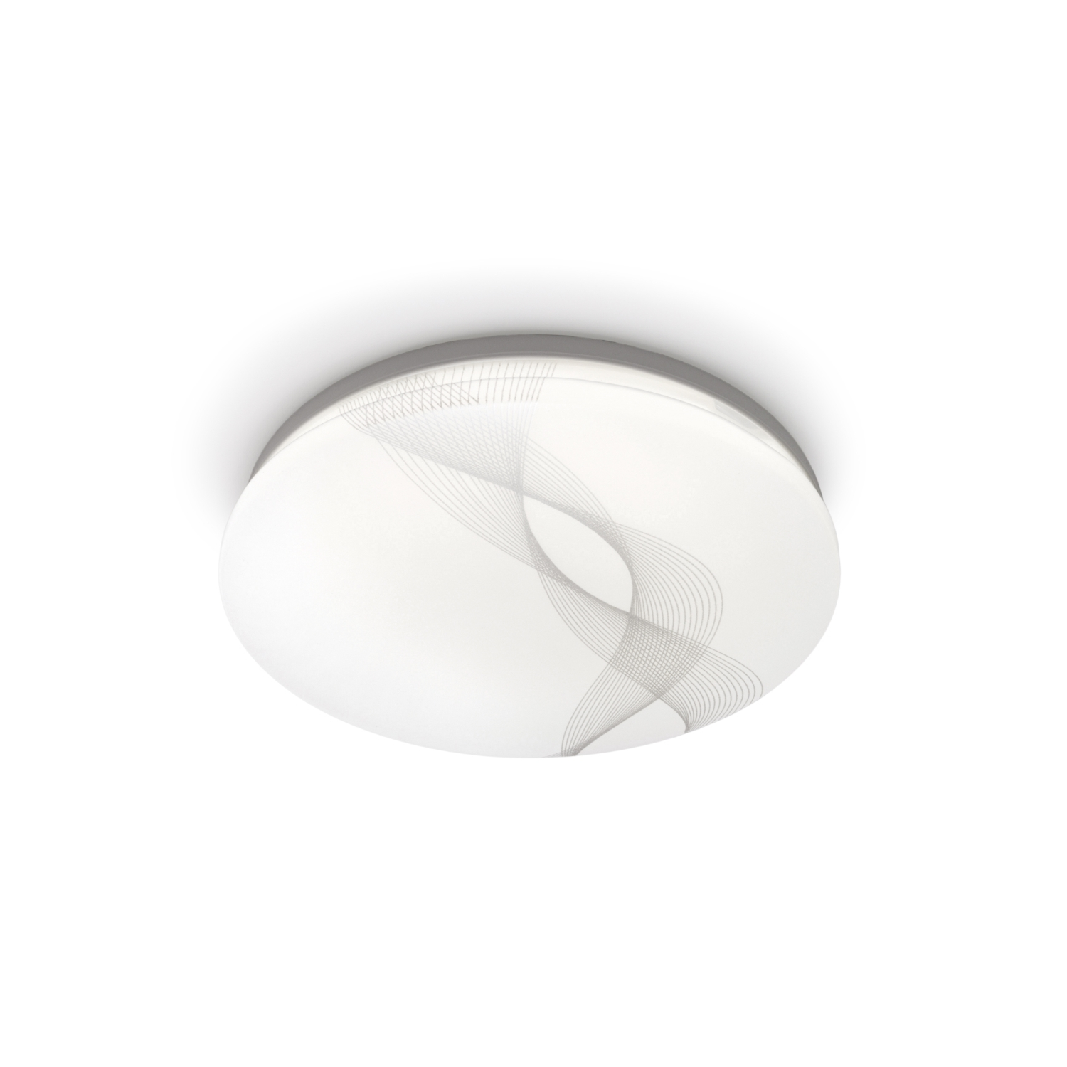 Lampada da soffitto rotonda bianca con motivo a onde grigie su sfondo bianco.
