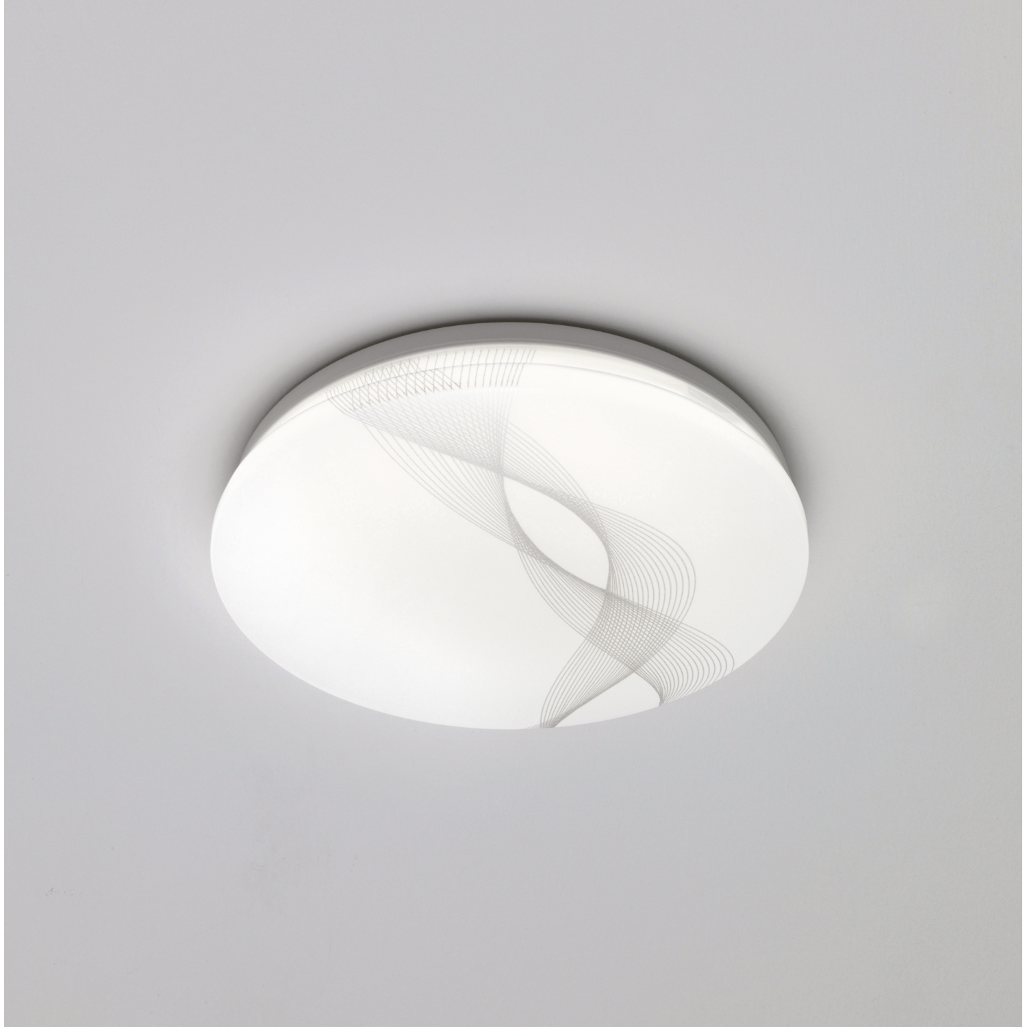 Un apparecchio di illuminazione a soffitto rotondo bianco con un design curvo grigio.