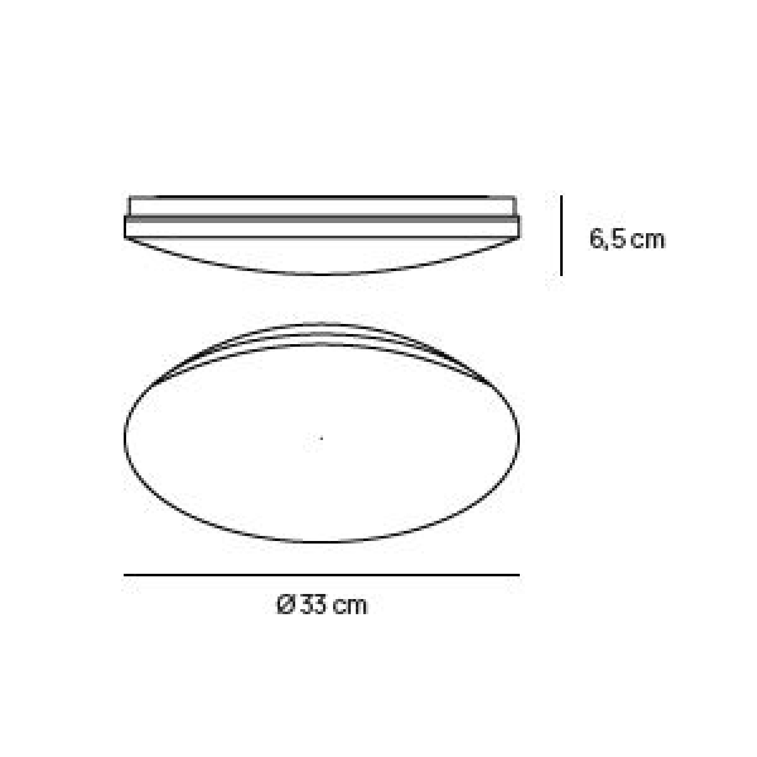 Un disegno a linea di un apparecchio di illuminazione circolare. Le dimensioni sono indicate.