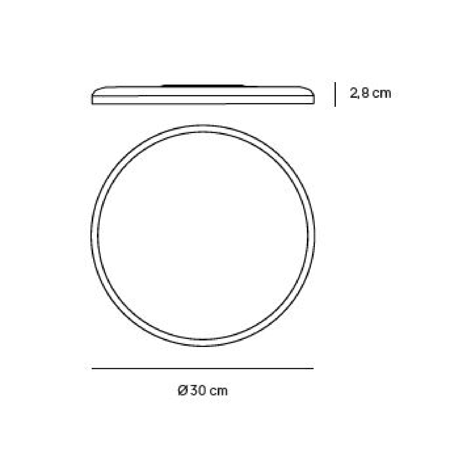 Un disegno di un cerchio e una linea che mostra la sua altezza. Il diametro è di 30 cm.