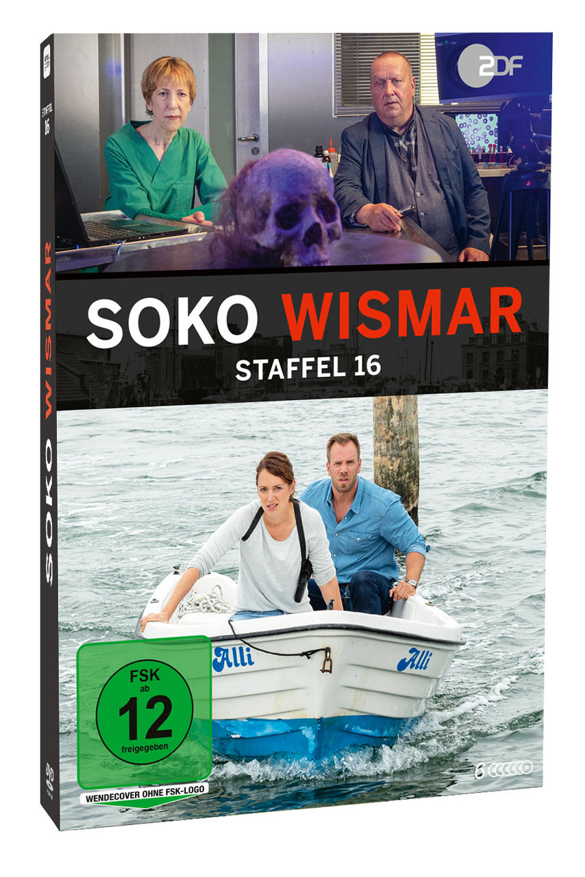 DVD-Cover mit Schauspielern auf Boot, Bild von zwei Personen und einem Schädel. Text: SOKO WISMAR.