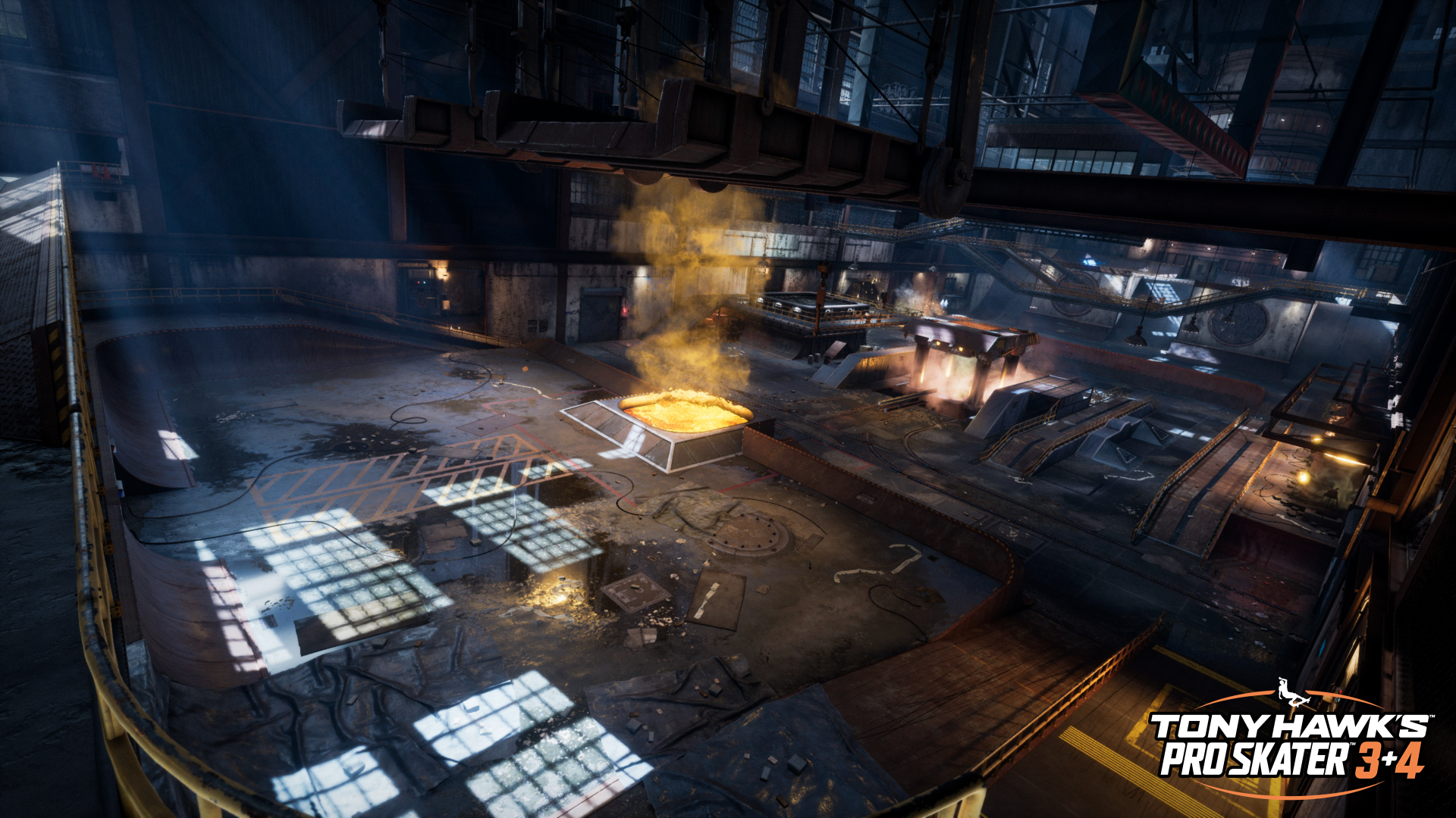 Duża scena przemysłowa z gry wideo. Widoczny stopiony rdzeń i różne struktury.