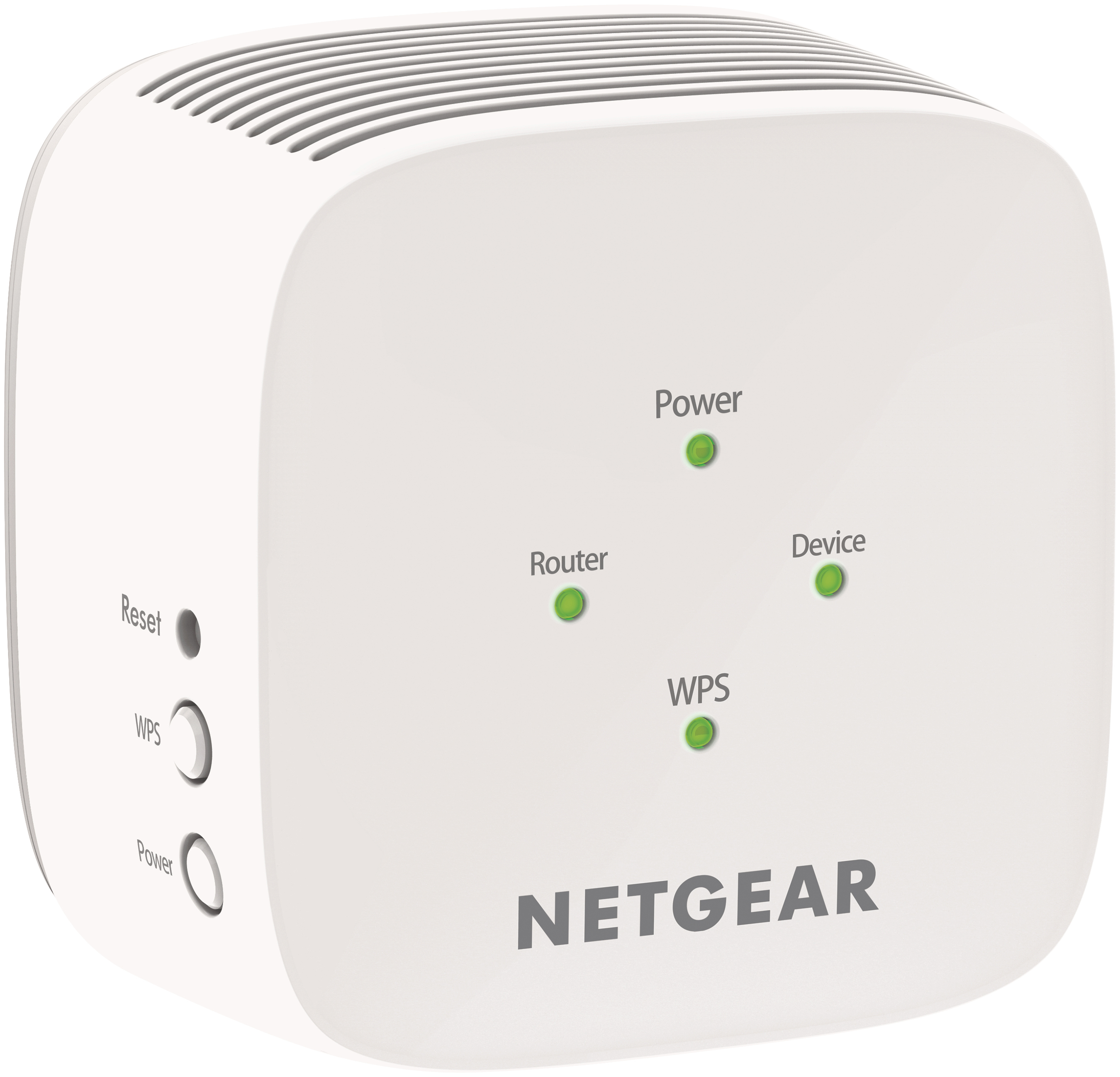 Weißes Netgear-Gerät mit Knöpfen und Lichtern, weißer Hintergrund.
