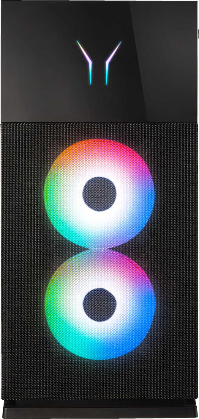 Un boîtier de PC noir avec deux ventilateurs lumineux. Les ventilateurs émettent des couleurs arc-en-ciel.