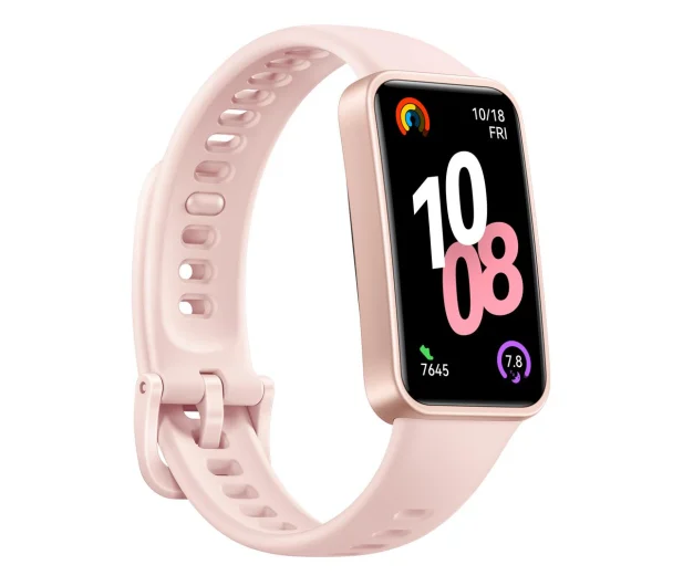 Różowy smartwatch z różowym paskiem. Zegarek wyświetla datę, godzinę i inne wskaźniki zdrowotne.