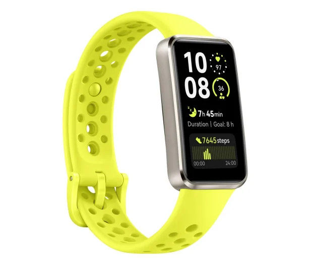 Żółty smartwatch z cyfrowym wyświetlaczem pokazującym czas i wskaźniki zdrowia.