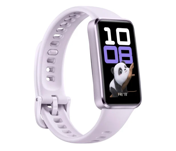 Fioletowy smartwatch z wyświetlaczem z pandą i białym paskiem.