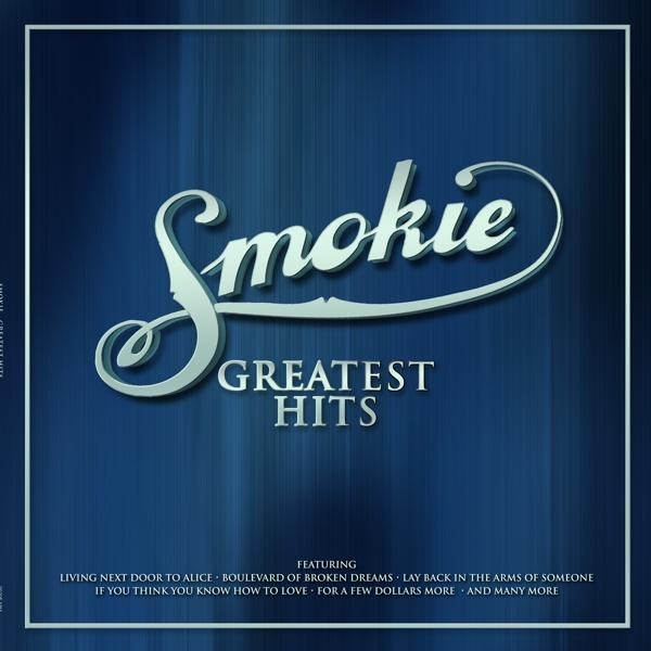 Smokie 'Greatest Hits' Albumcover. Blauer Hintergrund mit weißem Logo.