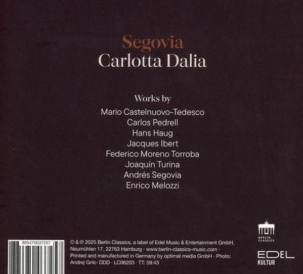CD-Cover mit Text über Segovia und Carlotta Dalia, brauner Hintergrund.