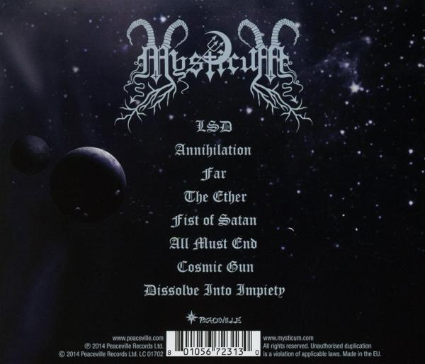 Rückseite einer CD mit dunklem Hintergrund und Bandnamen sowie Songtiteln.