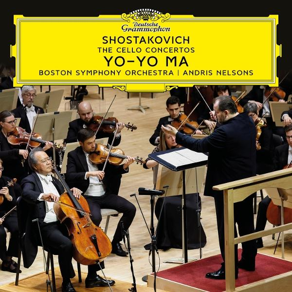 Albumcover: Orchester und Yo-Yo Ma. Titel: Schostakowitsch. Gelber Hintergrund, schwarzer Text.