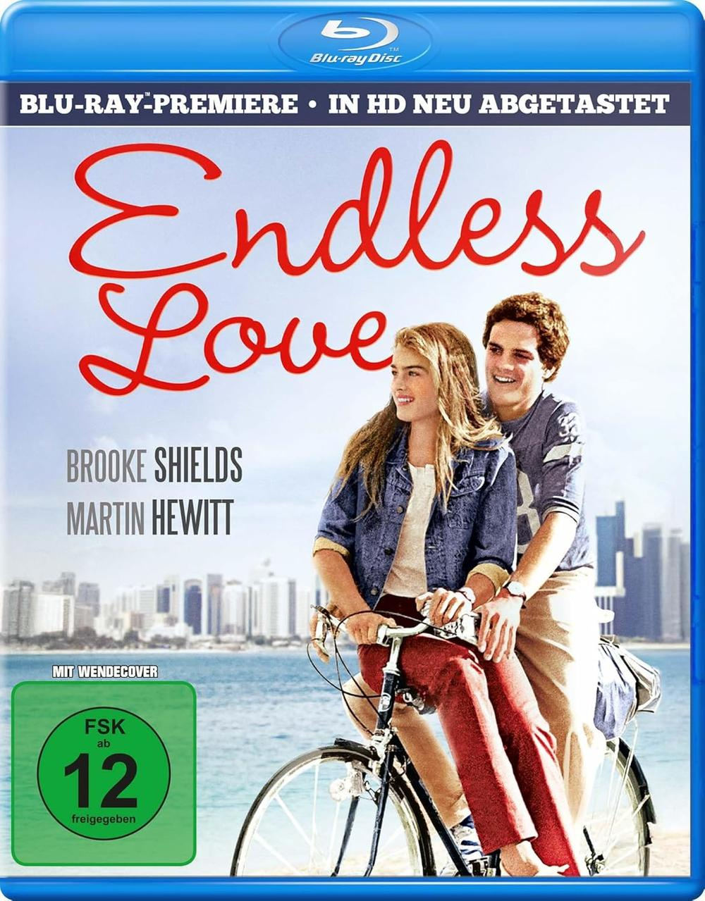 Filmcover: 'Endless Love'. Frau und Mann auf dem Fahrrad, Hintergrund Ozean. Blu-ray-Disc-Label, Rating-Badge.