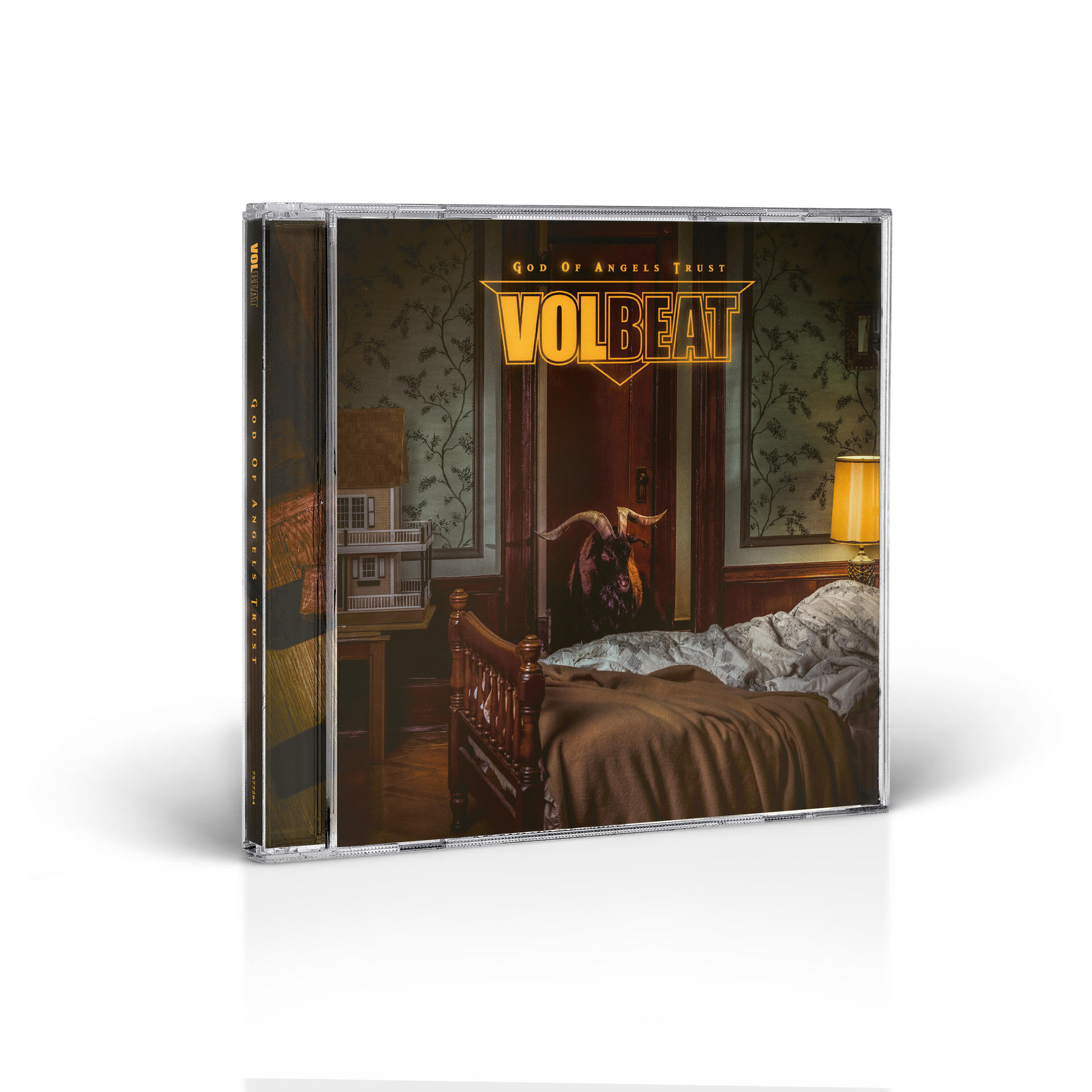 Eine CD-Hülle mit einem Volbeat-Albumcover, das ein Bett mit einem Dämon und einer Lampe zeigt.