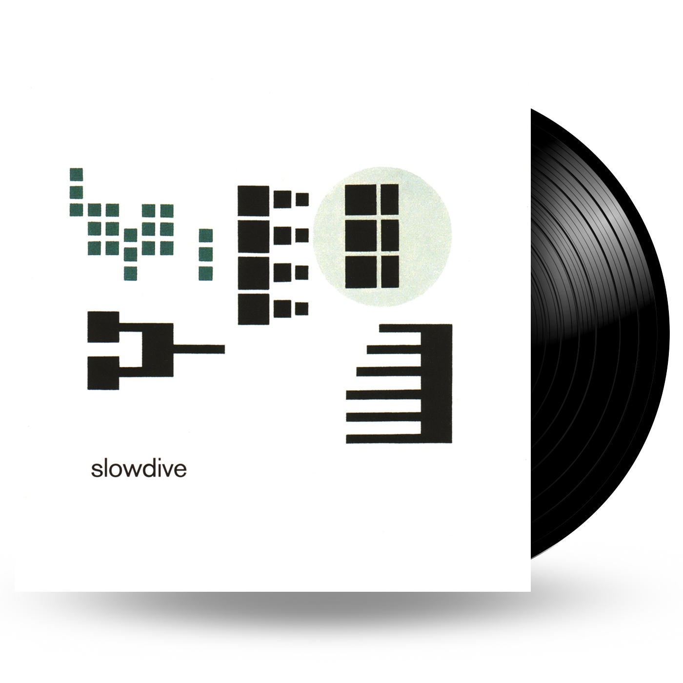 Albumcover für "Slowdive" mit abstrakten Formen und einer schwarzen Vinyl-Schallplatte, die herausragt.