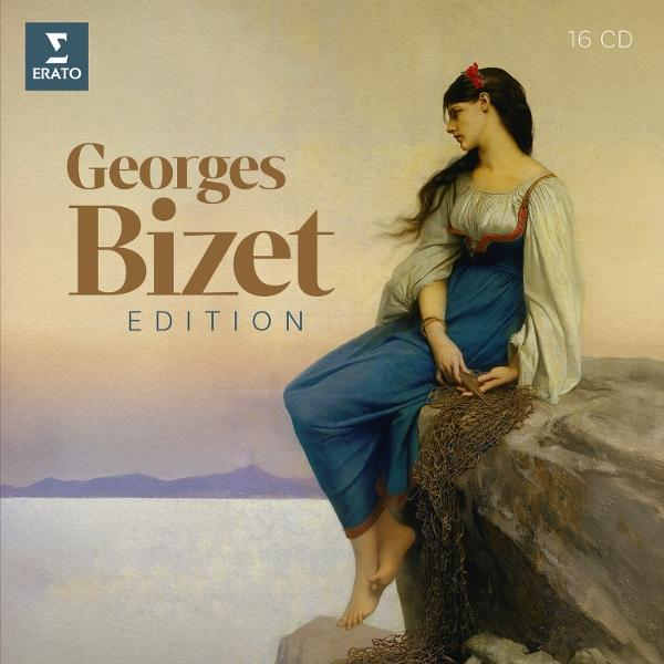Albumcover für Georges Bizet Edition, mit einer Frau auf einem Felsen am Meer.