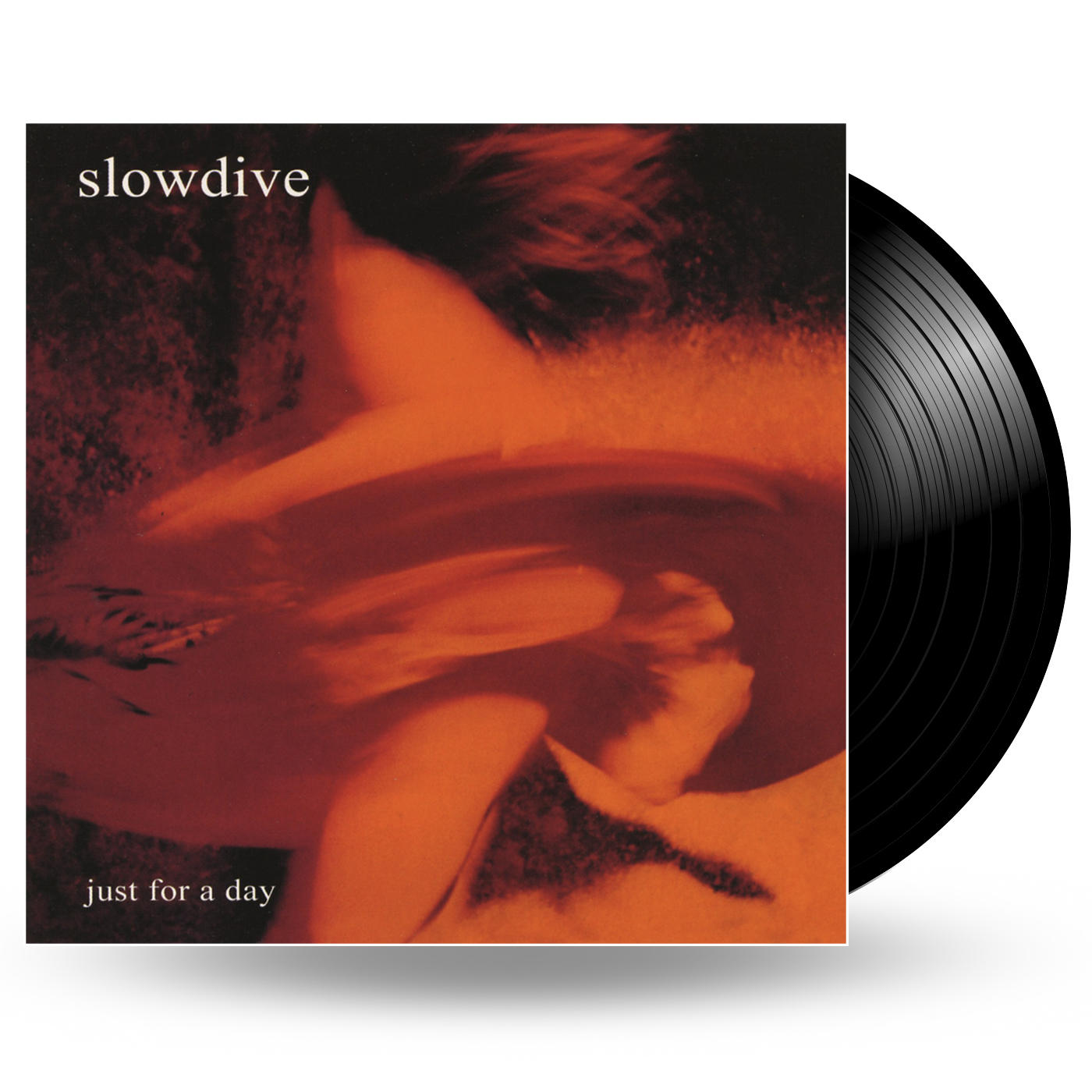 Vinyl-Schallplattenalbum mit dem Titel 'slowdive' und dem Text 'just for a day', rot und schwarz.