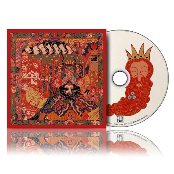 CD-Cover-Art mit kunstvollen Illustrationen, rechts eine CD. Rot und detailliert.