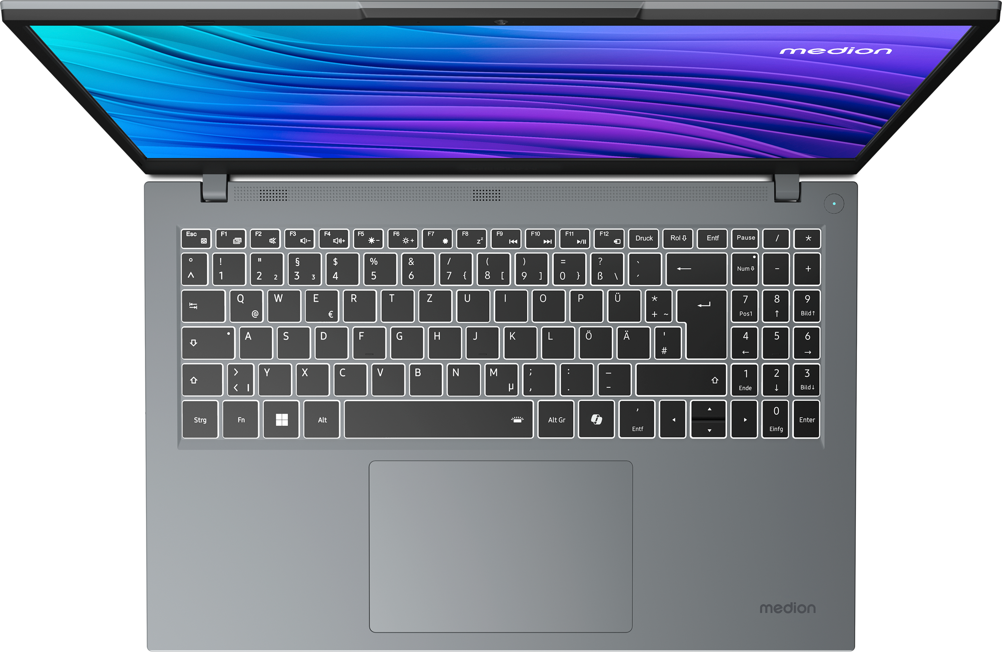 Draufsicht auf einen Laptop mit grauem Gehäuse, geöffnet und Tastatur sichtbar.