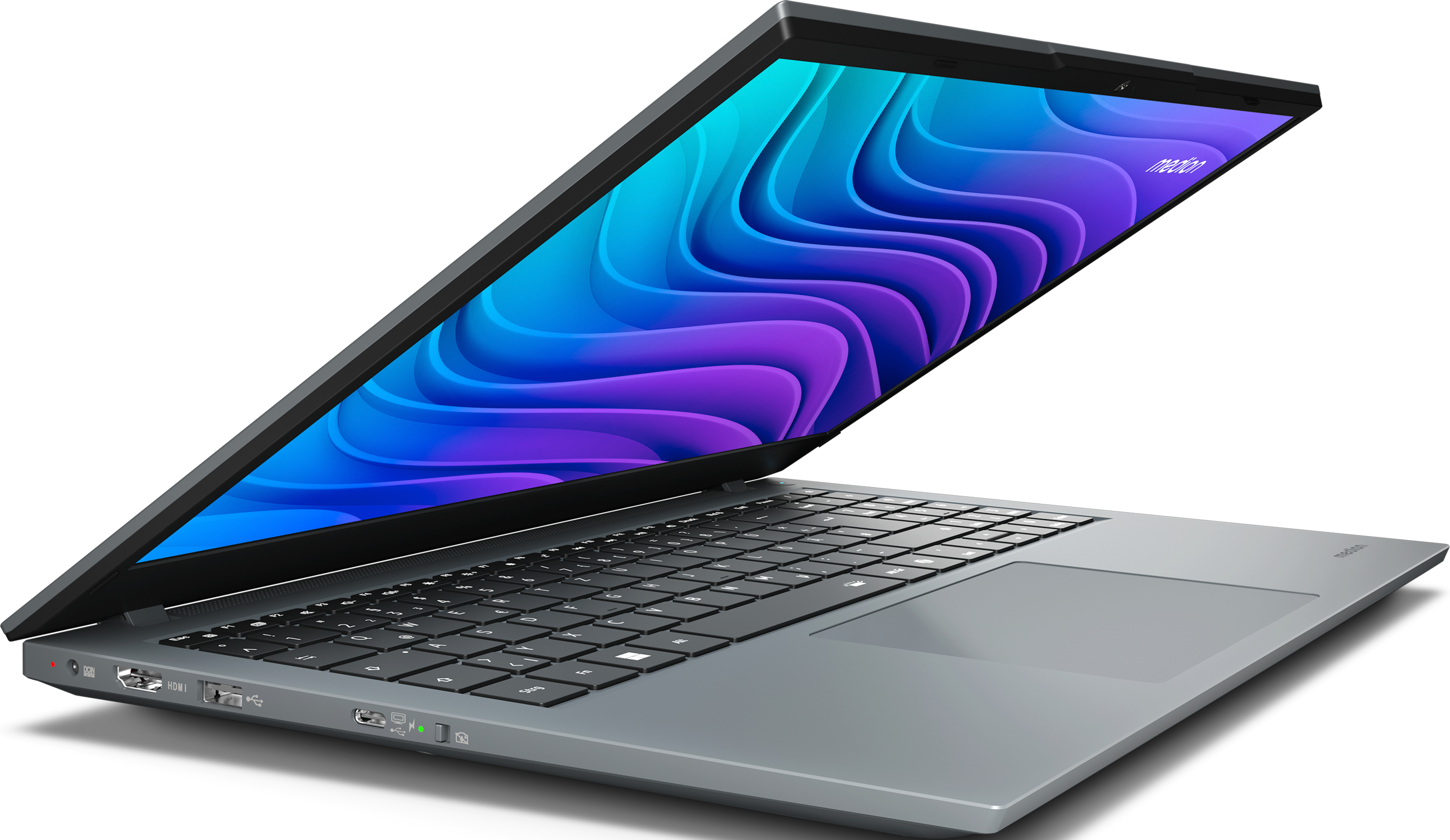 Laptop. Geöffneter Laptop auf weißer Oberfläche. Bildschirm mit blauem und lila Design.