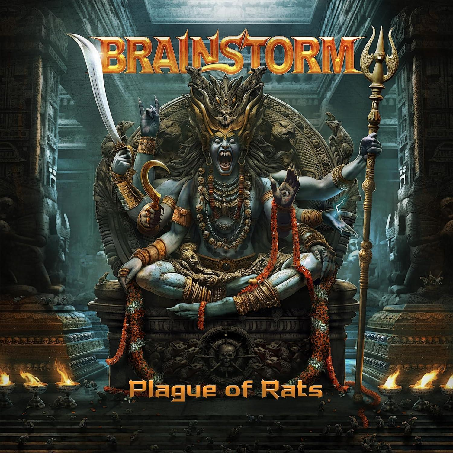 Heavy-Metal-Album-Cover. Eine blaue dämonenartige Figur mit einem Dreizack. Rote und goldene Akzente.