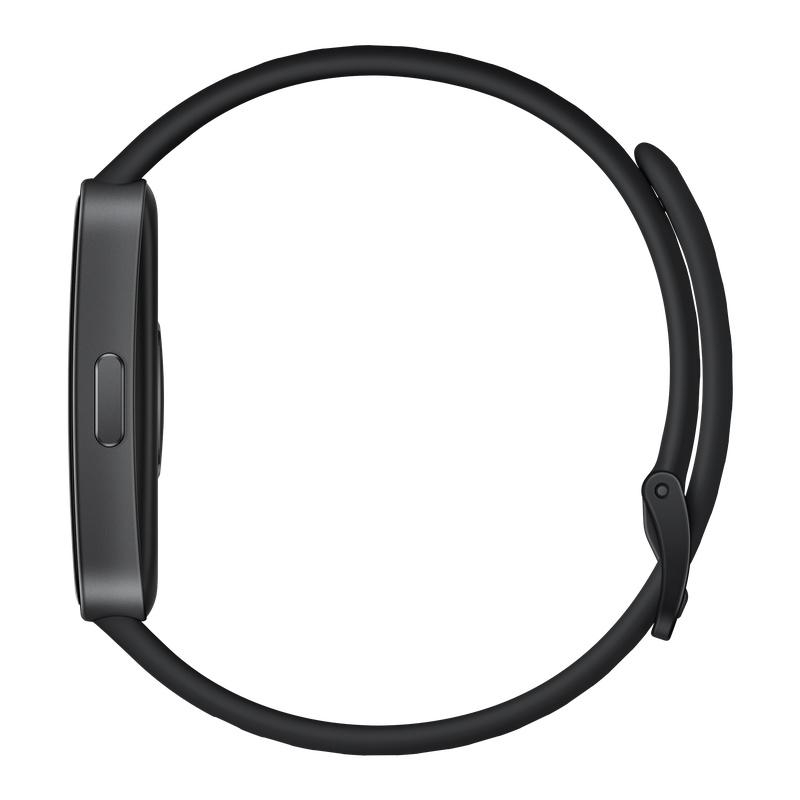 Seitenansicht einer schwarzen Smartwatch. Die Uhr hat einen rechteckigen Bildschirm, ein schwarzes Armband.