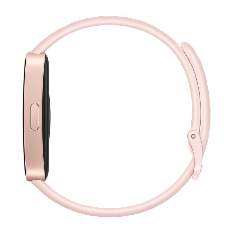 Eine roségoldene Smartwatch auf weißem Hintergrund. Das Zifferblatt ist rechteckig mit einem Knopf und einem rosa Armband.