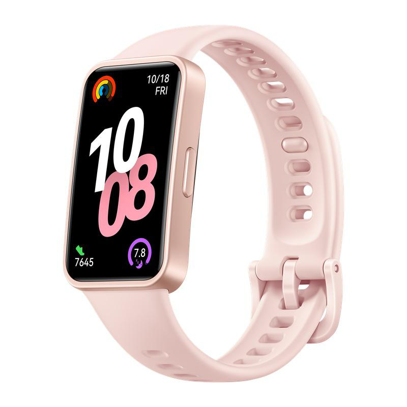 Eine rosa Smartwatch zeigt Uhrzeit, Datum und Symbole an. Es ist auf weißem Hintergrund. Das Armband ist ebenfalls rosa.