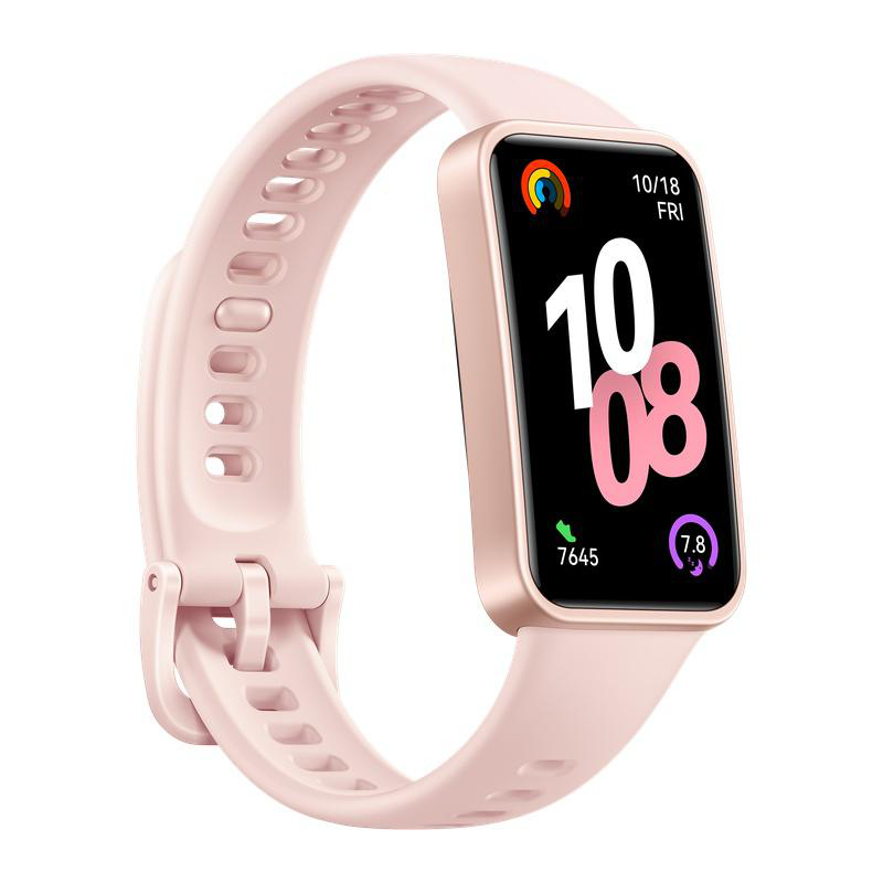 Eine rosa Smartwatch zeigt Datum und Uhrzeit an. Der Bildschirm zeigt '10 08' und Gesundheitsmetriken. Das Band hat viele Löcher.